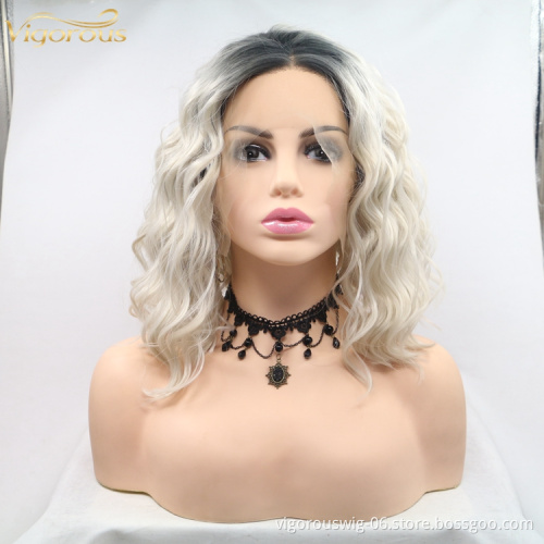 Short Ombre White Bob Body Wave Premium High Quality Curly Wholesale Women's Pixie Cut Synthetic Hair Wigs With 13x3 Lace Front